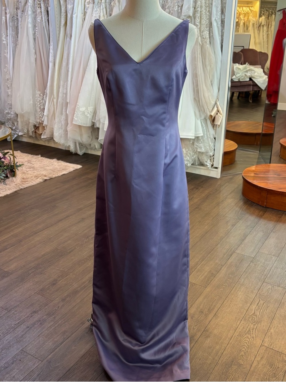 David's Bridal Purple Satin V-Neck Maxi Dress